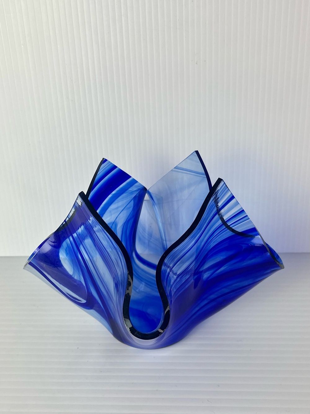 Cobalt Blue Clear Swirl Hand Blown Glass Handkerchief  Vase